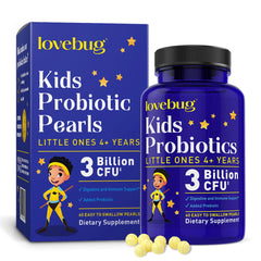 LOVEBUG envase frontal mostrando probiótico infantil y beneficios claros