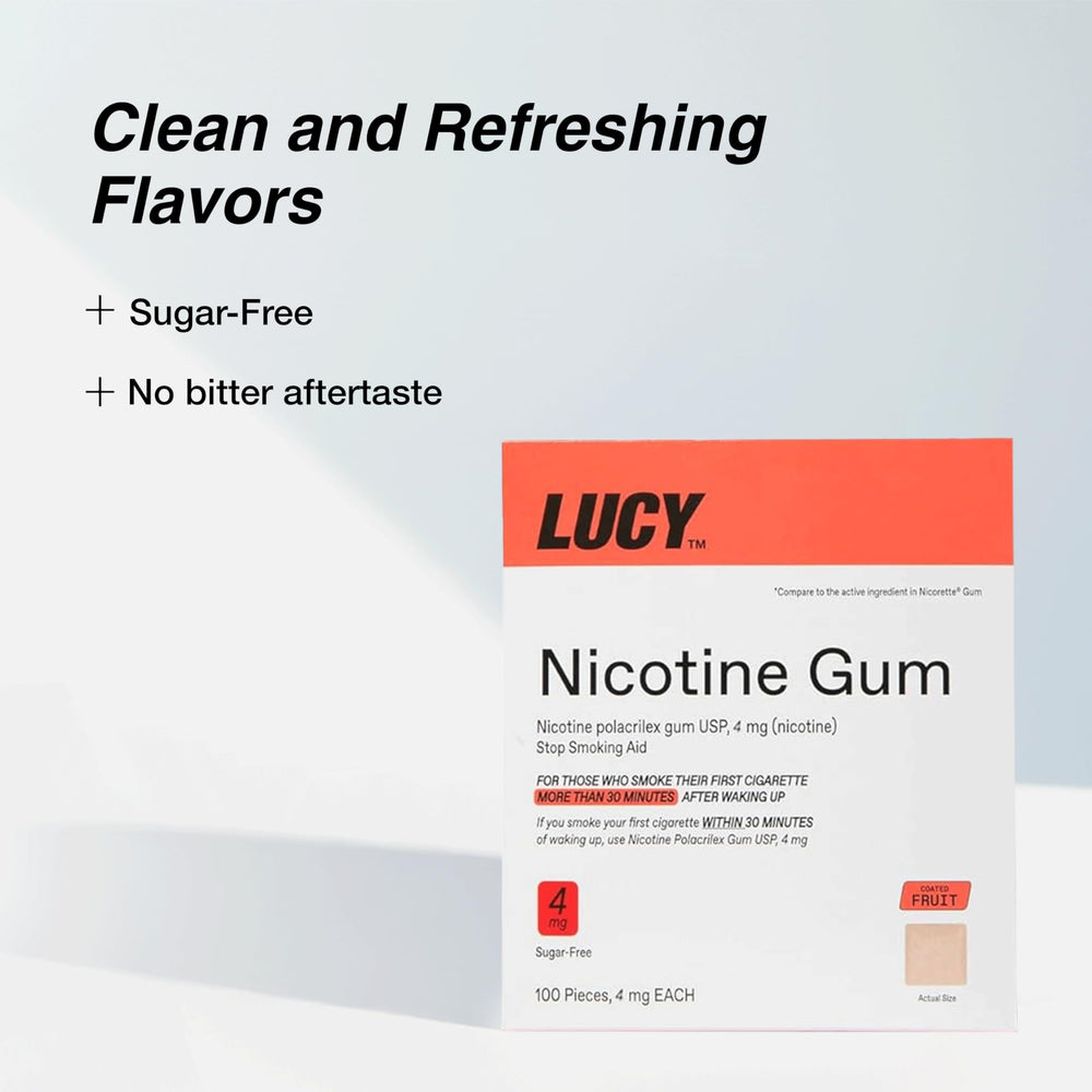 Envase LUCY abierto con chicles visibles, beneficio: piezas selladas y frescura