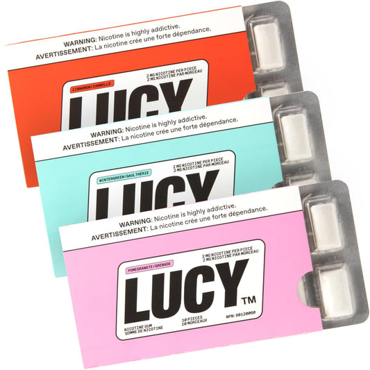 LUCY chicle frontal del envase que muestra 90 unidades y dosis 2 mg