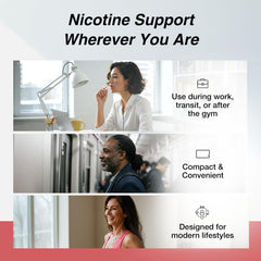Adulto usando chicle LUCY en público, beneficio: uso discreto para controlar antojos