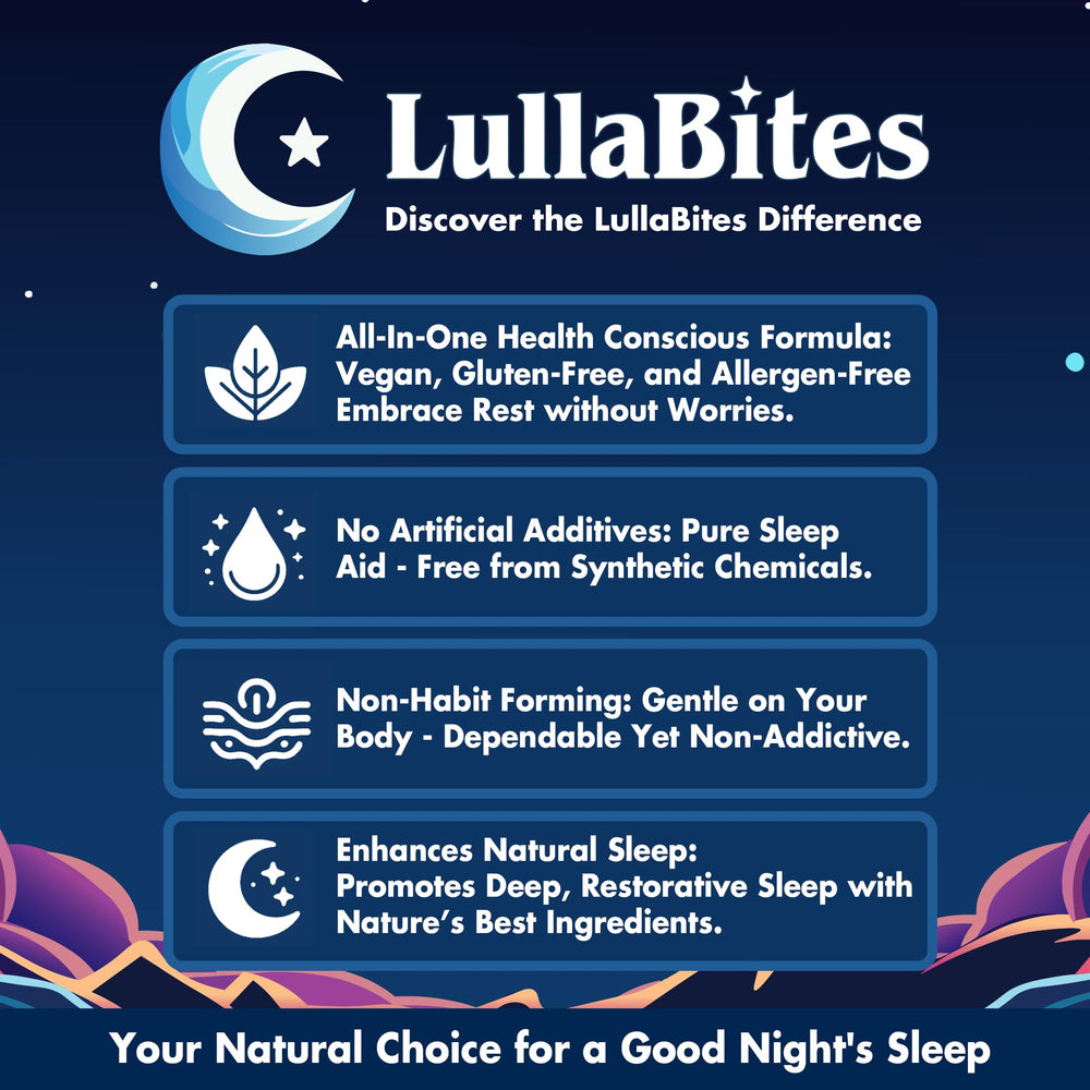 LullaBites envase sobre mesita nocturna en ambiente relajante