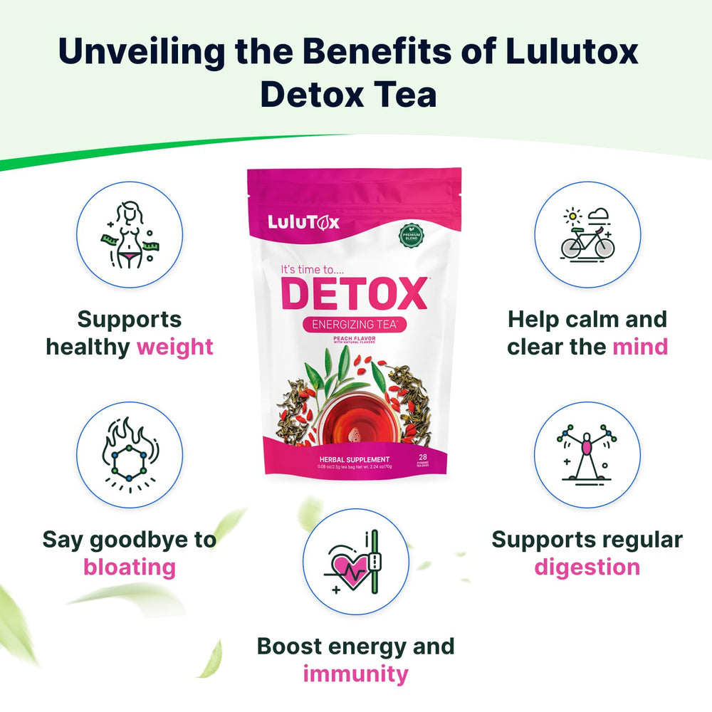 LULUTOX Detox Tea packaging displaying vegan all-natural ingredients
