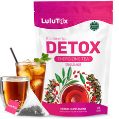 LULUTOX Detox Tea bottle with peach flavor for gentle digestive support
