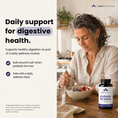 Luma Nutrition frasco y cápsulas esparcidas mostrando cantidad y presentación clara