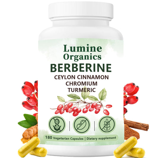 Lumine Organics frasco frontal mostrando diseño y tamaño, transmite confianza