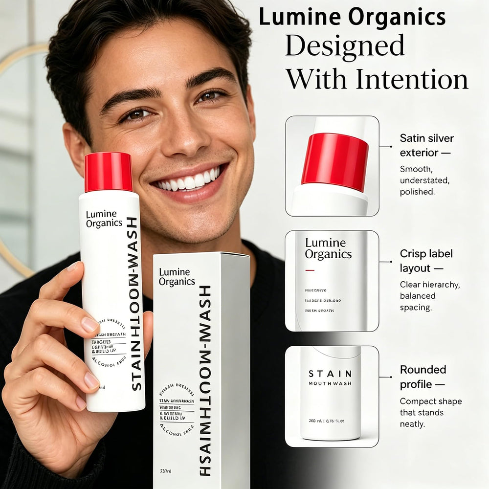 Lumine Organics botella junto a objeto cotidiano para referencia de tamaño