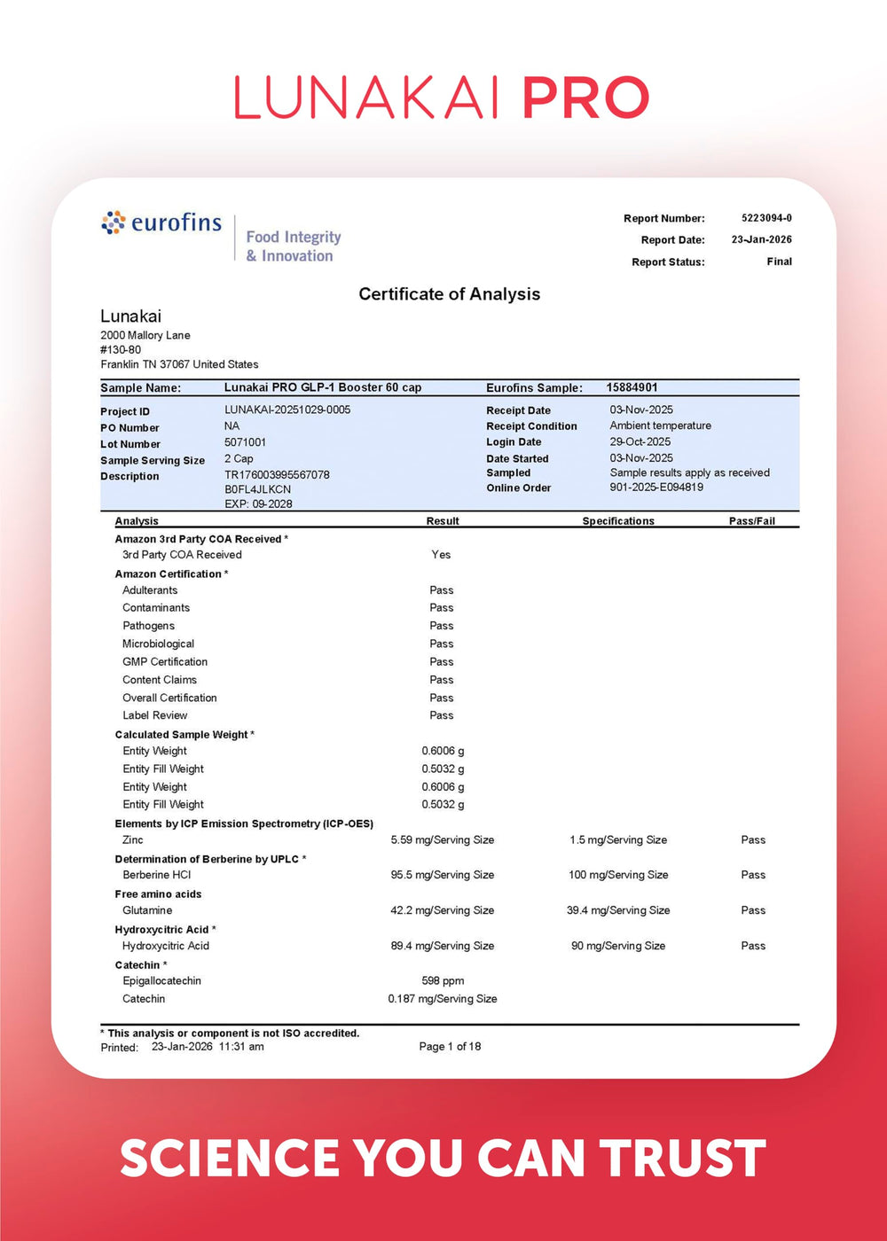 Lunakai etiqueta de ingredientes centrada en mezcla probiótica y resveratrol