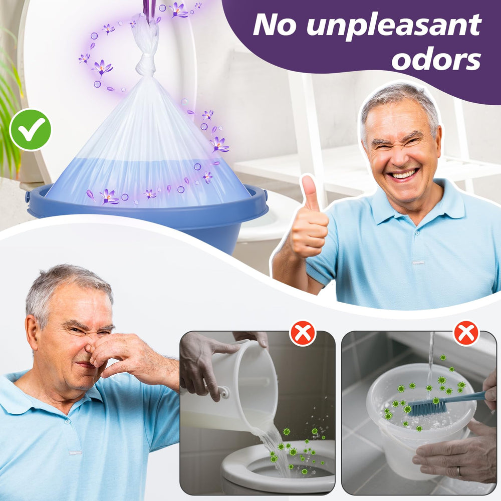 Lunoleum bolsa colocada en silla commode durante uso, higiene y limpieza fácil