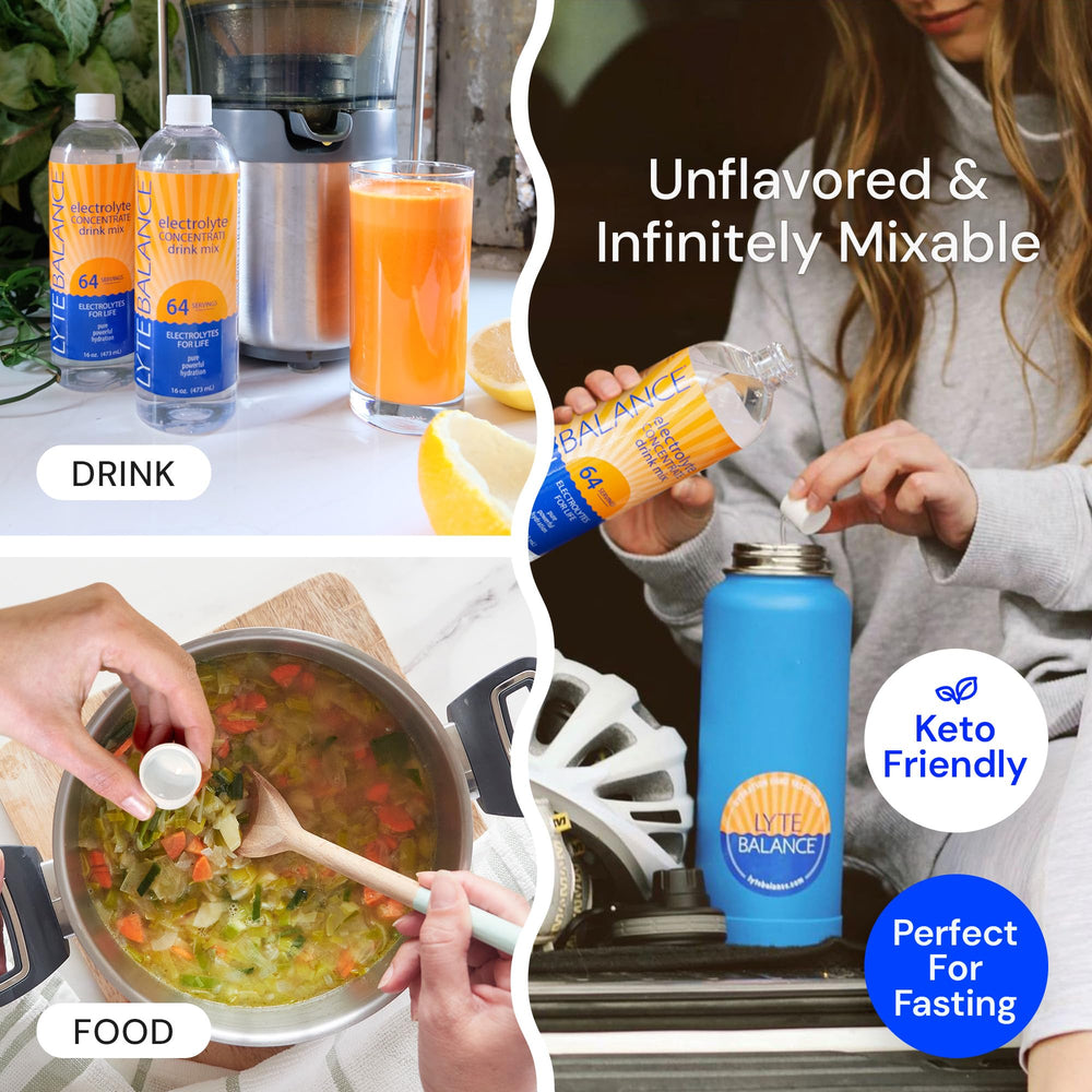 LYTE BALANCE vertido en vaso con agua para hidratación instantánea