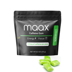 Maax Caffeinated Gum comparación de tamaño con una mano, visualiza que 125 mg por pieza es portátil