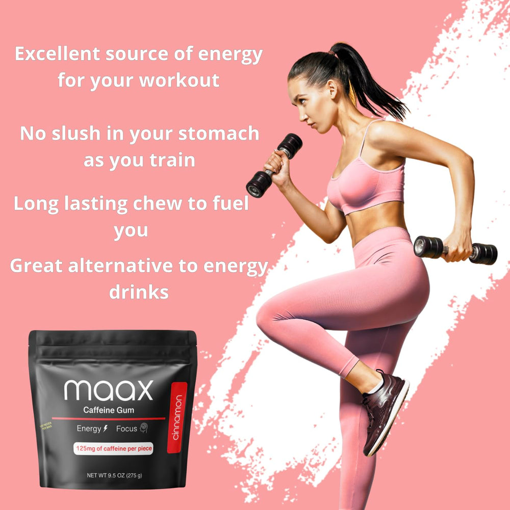 Maax Caffeinated Gum etiqueta de ingredientes, beneficio sin aspartamo ni gluten