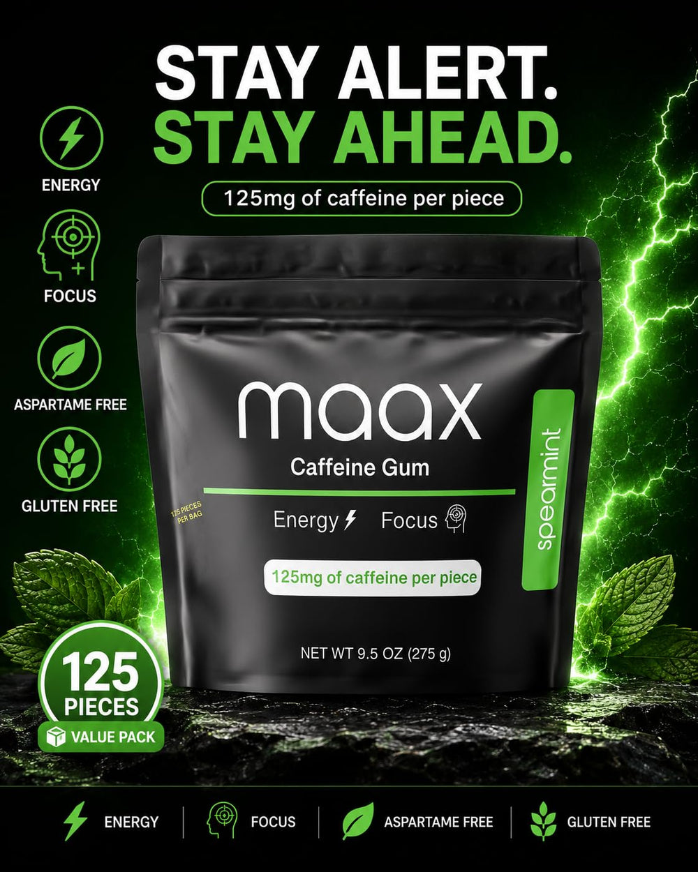 Maax Caffeinated Gum primer plano de la textura, demuestra la masticación duradera y consistente