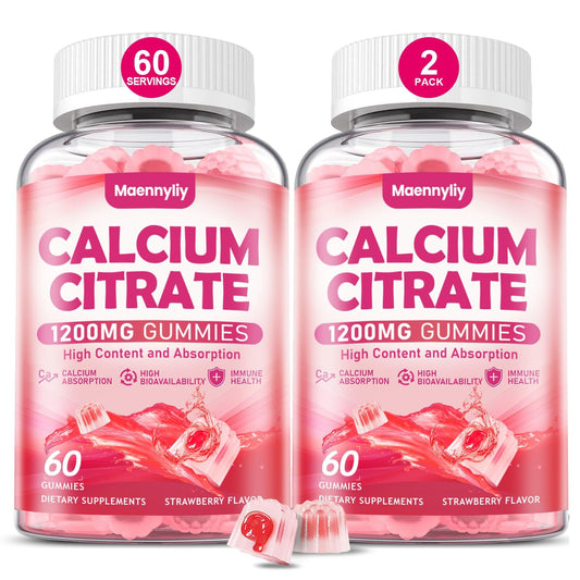 Maennyliy Calcium Citrate Gummies bottle highlights high absorption and natural strawberry flavor.