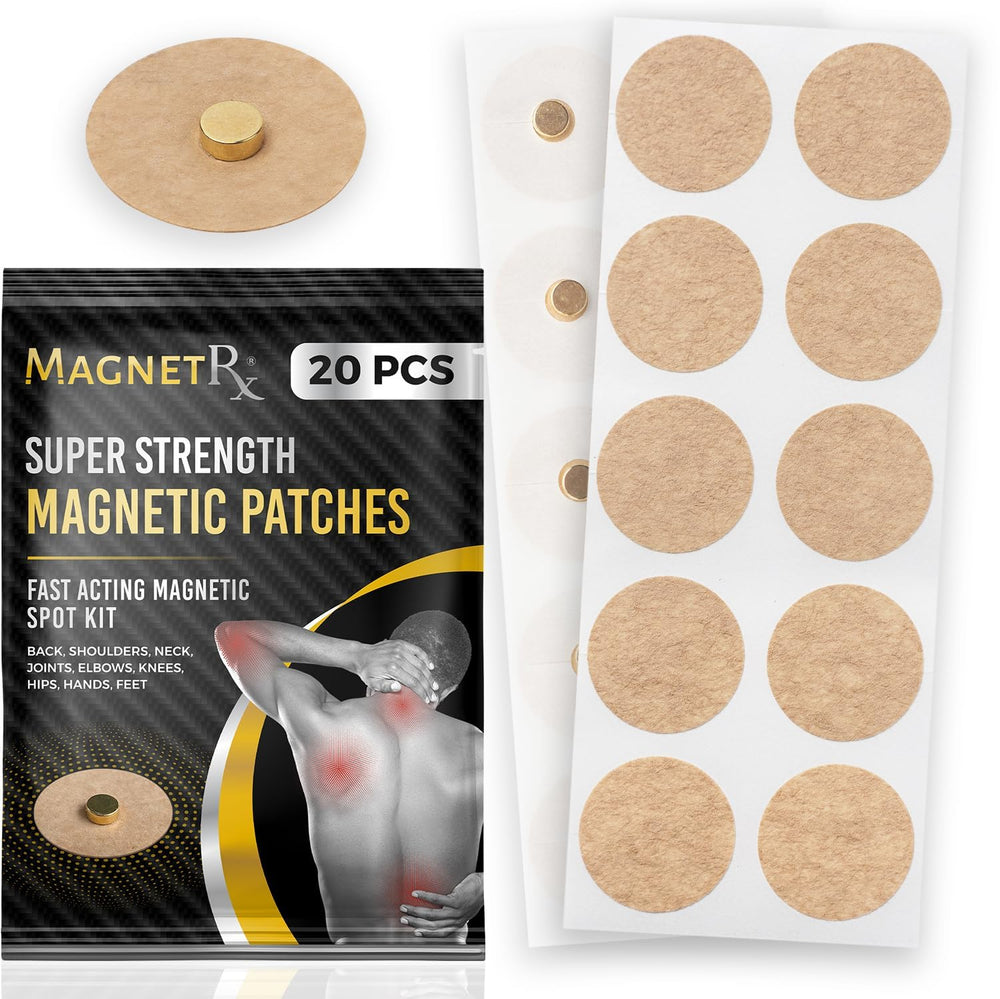 MagnetRX paquete frontal mostrando 20 parches, fácil almacenamiento