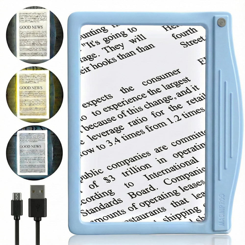 MagniPros vista frontal del producto mostrando área de lectura amplia y ventaja de cobertura