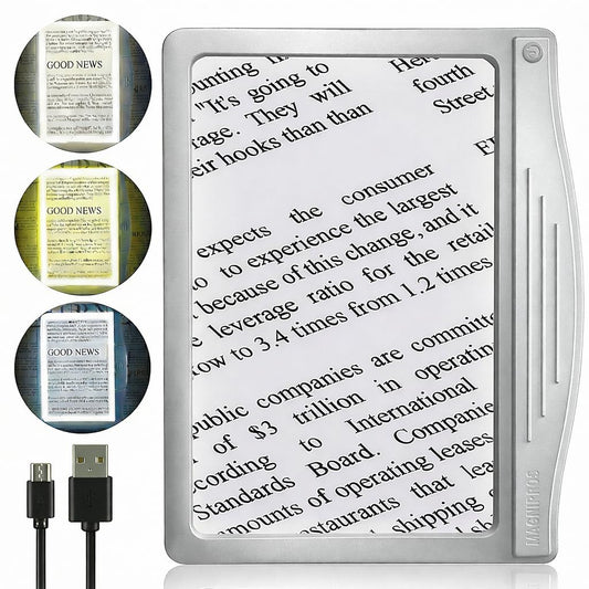 MagniPros lupa frontal mostrando lente grande y beneficios de lectura clara
