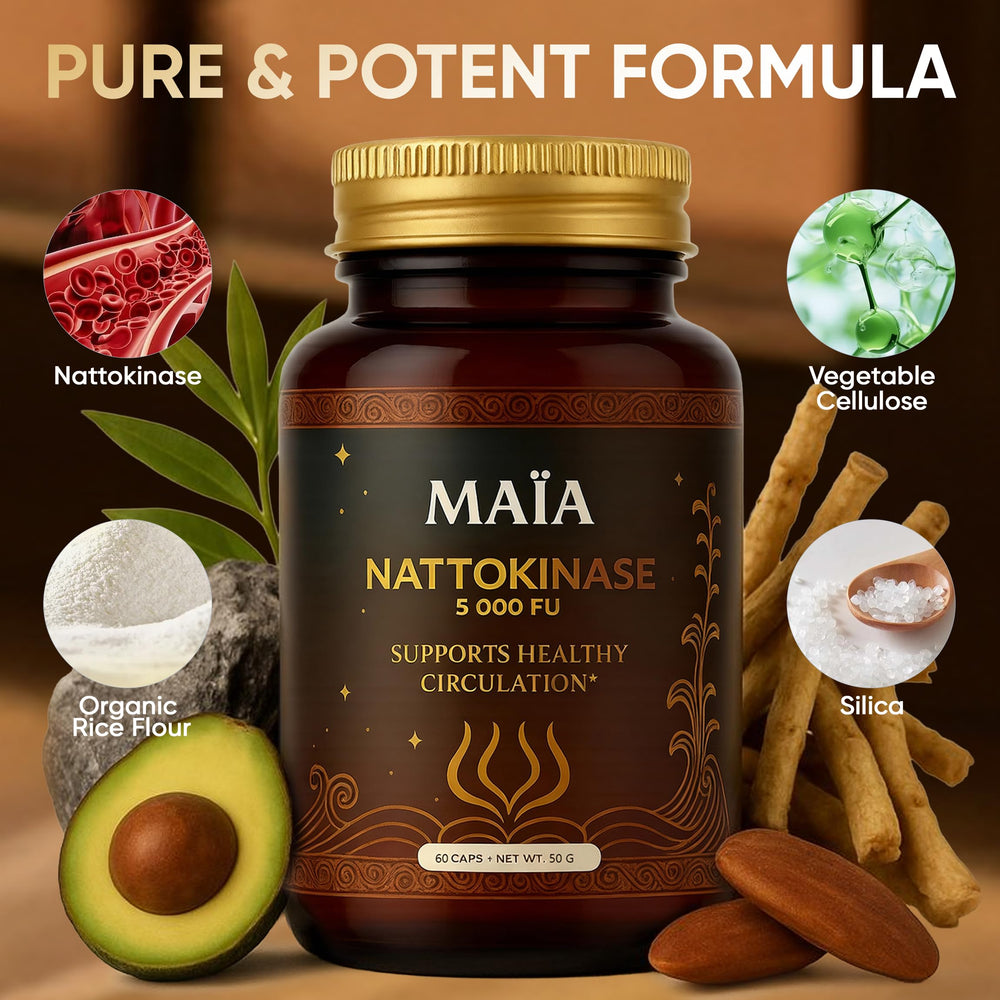 MAÏA polvo y cápsula abierta mostrando textura y pureza del ingrediente