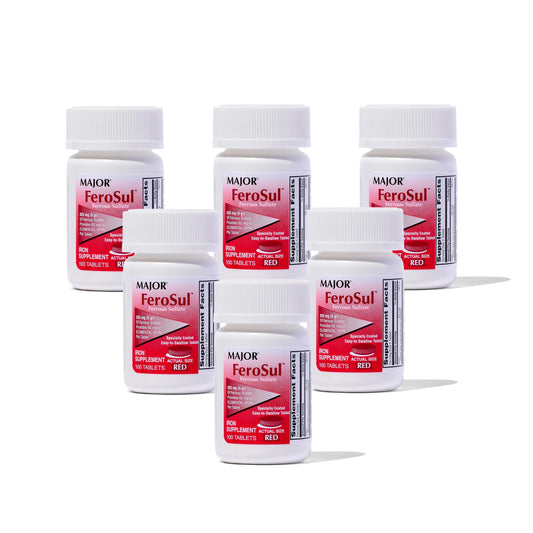 Major Ferosul tabletas rojas de 325 mg para aporte diario de hierro.