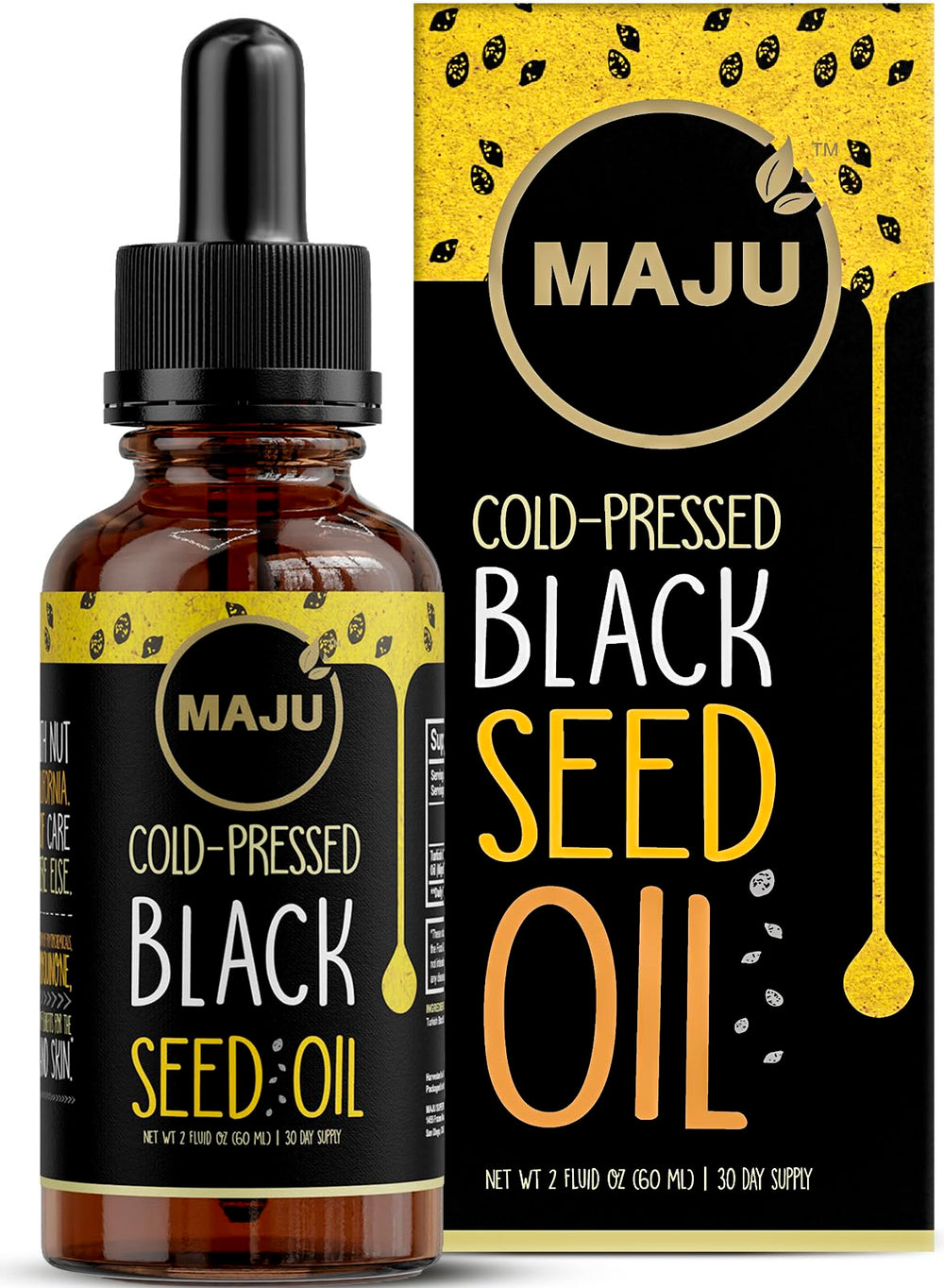 Maju Superfoods frasco frontal mostrando aceite y envase de vidrio protecto