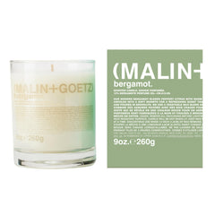 MALIN+GOETZ vela bergamot vista frontal, diseño minimalista y aroma brillante