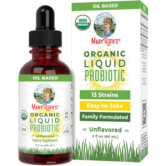 MaryRuth Organics probiotic bottle front for convenient daily use.