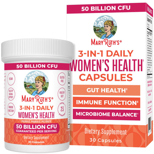 MARYRUTH'S envase frontal mostrando suplemento 3‑in‑1, claridad en beneficios