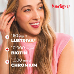 MARYRUTH'S ingredientes activos Lustriva y biotina resaltando apoyo capilar