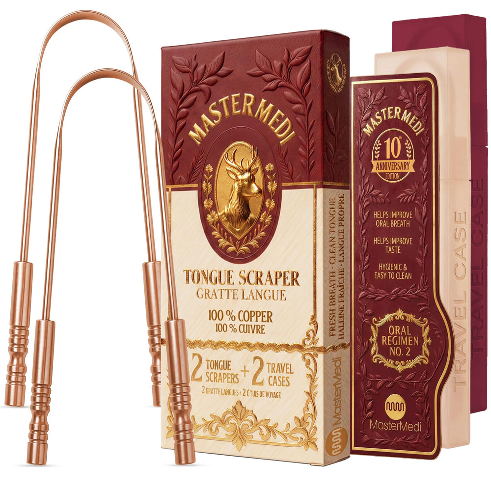 MasterMedi raspador de lengua packaging frontal mostrando set y estuches para fácil transporte