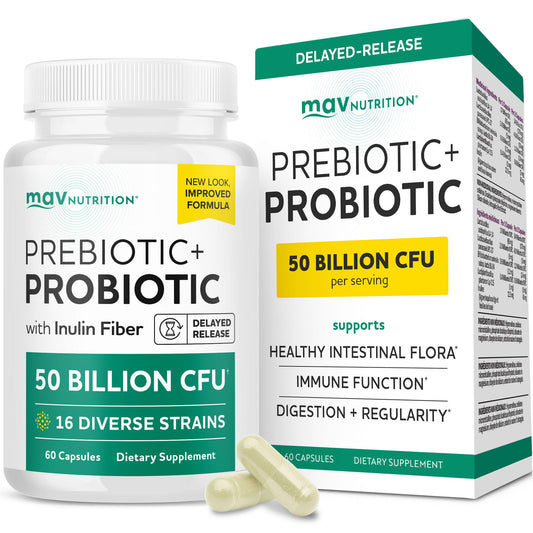 MAV NUTRITION frasco delantero mostrando etiqueta y beneficio de equilibrio intestinal