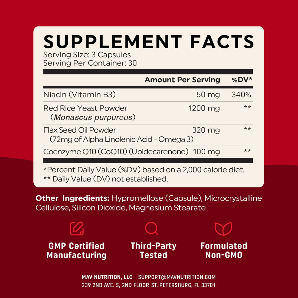 MAV NUTRITION ingredientes: linaza y arroz de levadura roja, origen vegetal