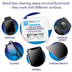 Maxi Clean toallita en uso limpiando gafas, beneficio de visión clara instantánea