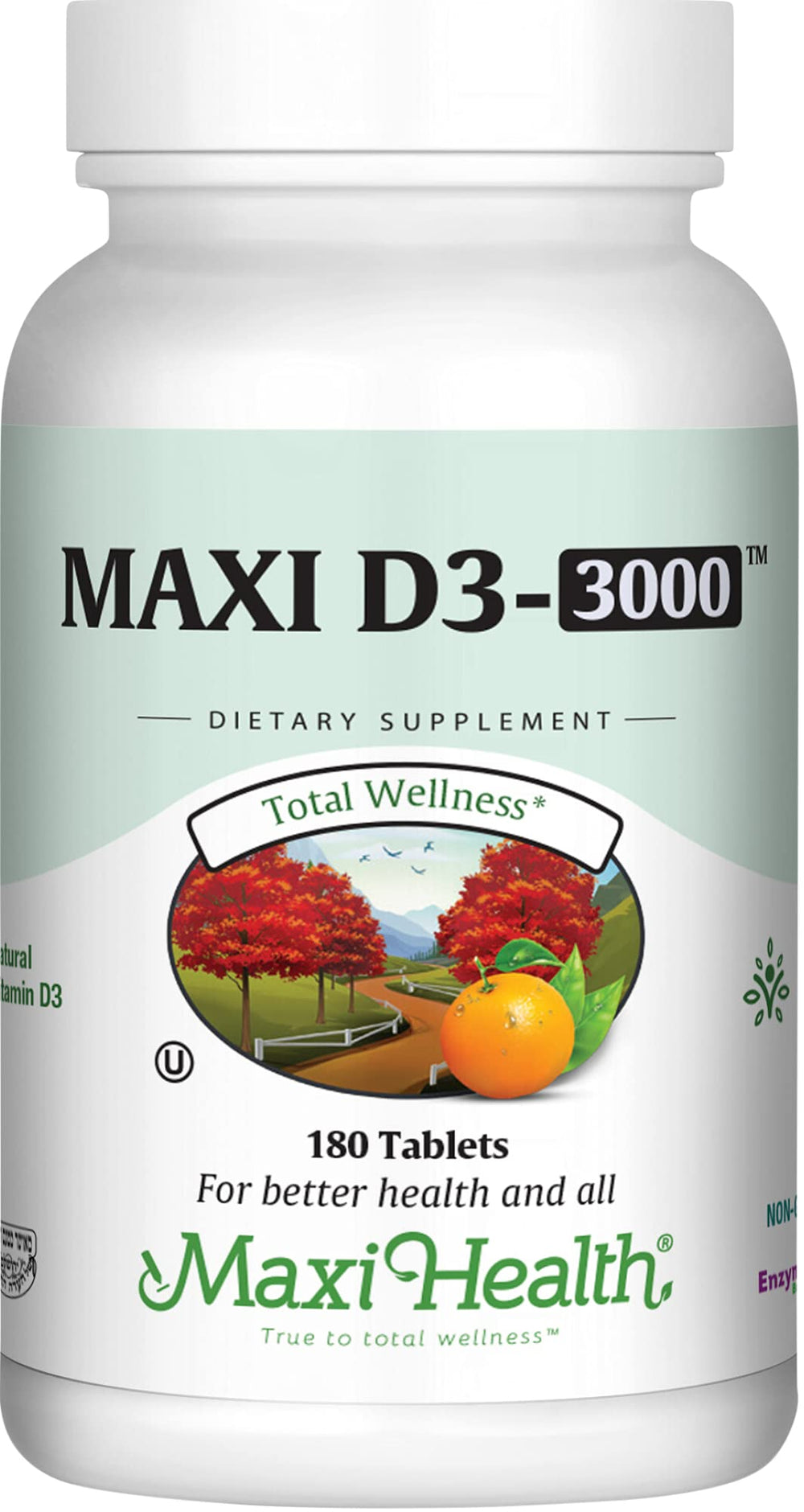 Maxi Health empaque frontal de Vitamina D3 3000 IU mostrando cantidad y beneficios