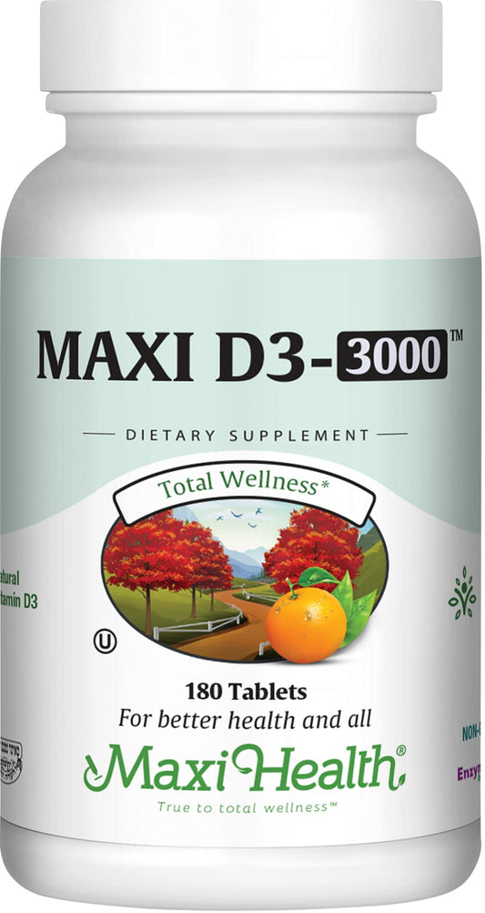 Maxi Health empaque frontal de Vitamina D3 3000 IU mostrando cantidad y beneficios