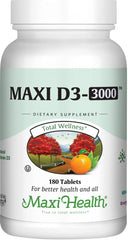 Maxi Health empaque frontal de Vitamina D3 3000 IU mostrando cantidad y beneficios
