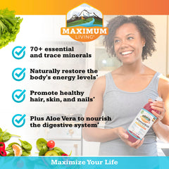Maximum Living MineralRich comparación de tamaño del frasco 32 oz junto a objetos cotidianos