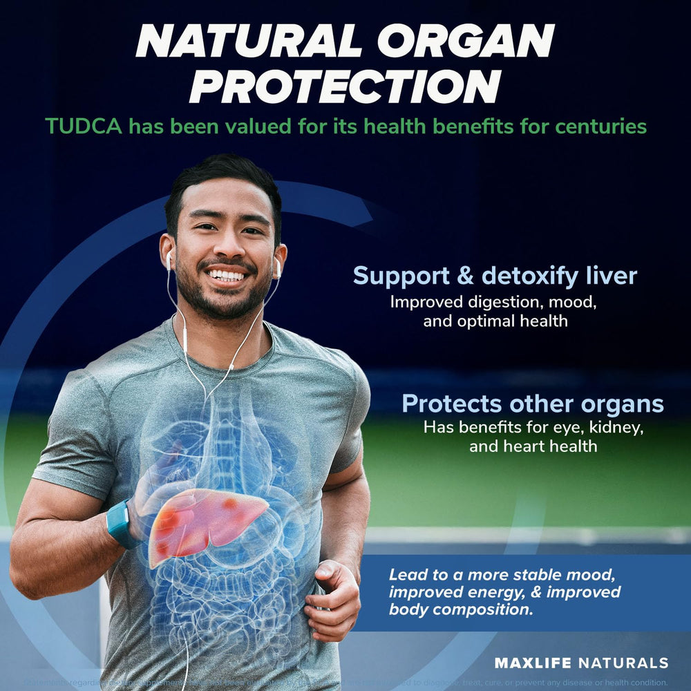 MAXLIFE NATURALS Tudca label detail highlighting USA-made quality