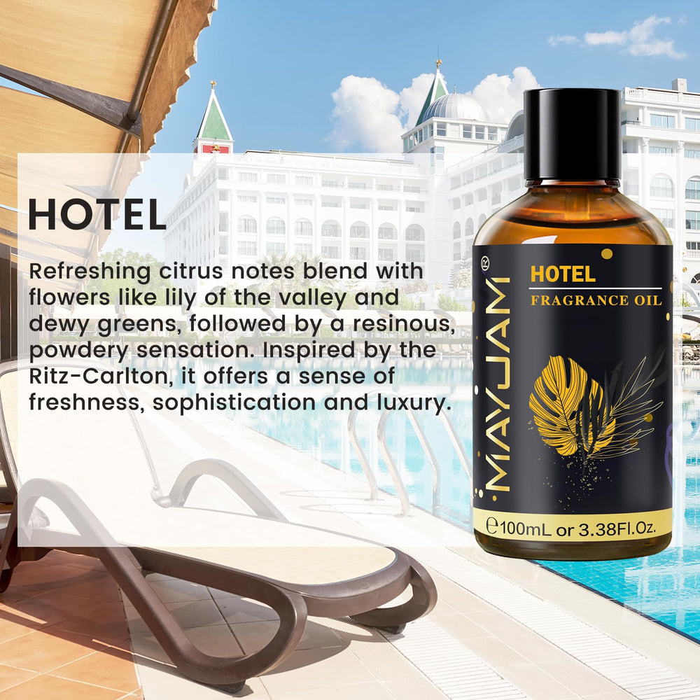MAYJAM etiqueta legible indicando aroma hotel y estilo premium