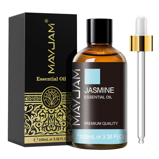 MAYJAM botella frontal de aceite de jazmín mostrando etiqueta y capacidad, ideal para ambientar