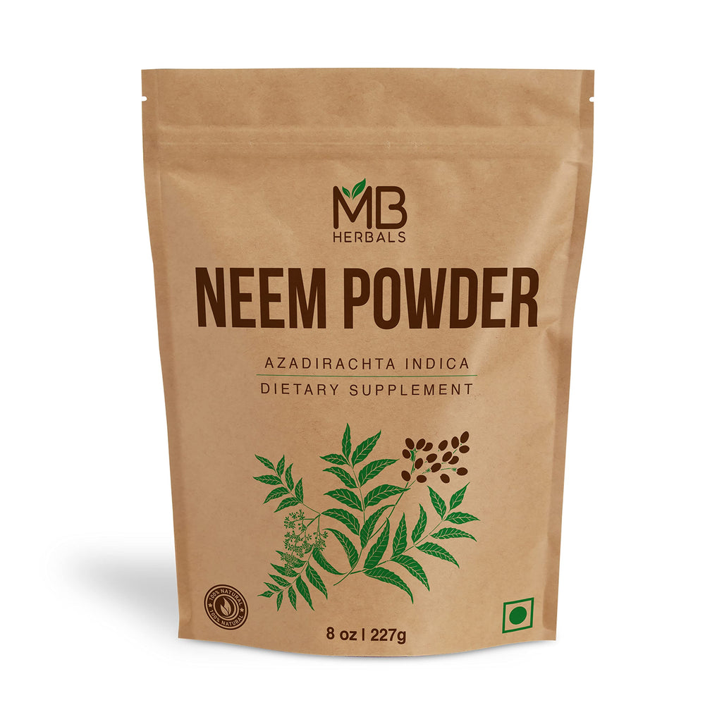 MB Herbals envase frontal de neem en polvo, presentación limpia y natural