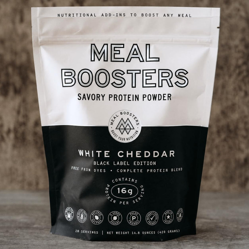 Meal Boosters empaque frontal White Cheddar mostrando diseño y beneficio proteico