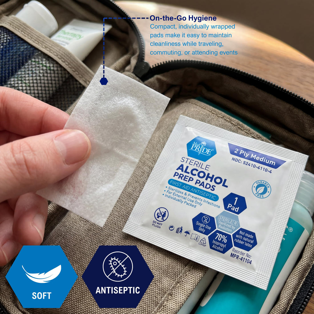 MED PRIDE personal aplicando toallita para limpieza previa a inyección