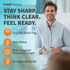 MEDCHOICE frasco abierto sobre mesa de trabajo sugiere uso durante jornada
