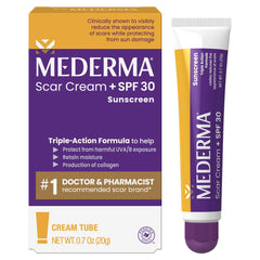 Mederma tubo frontal mostrando la marca y beneficio visible de cicatrices