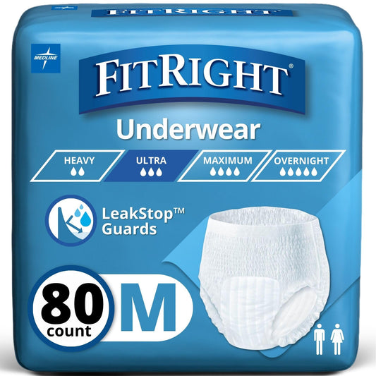 Medline FitRight Ultra frente del paquete mostrando marca y tallas, conveniencia