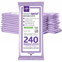 Medline ReadyBath paquete frontal mostrando 8 toallitas y sellado resellable para transporte seguro