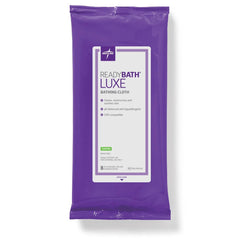 Medline ReadyBath LUXE frente del empaque muestra sello resellable y beneficio higiene