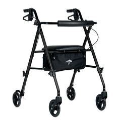 Medline rollator vista frontal con asiento acolchado y diseño plegable para comodidad