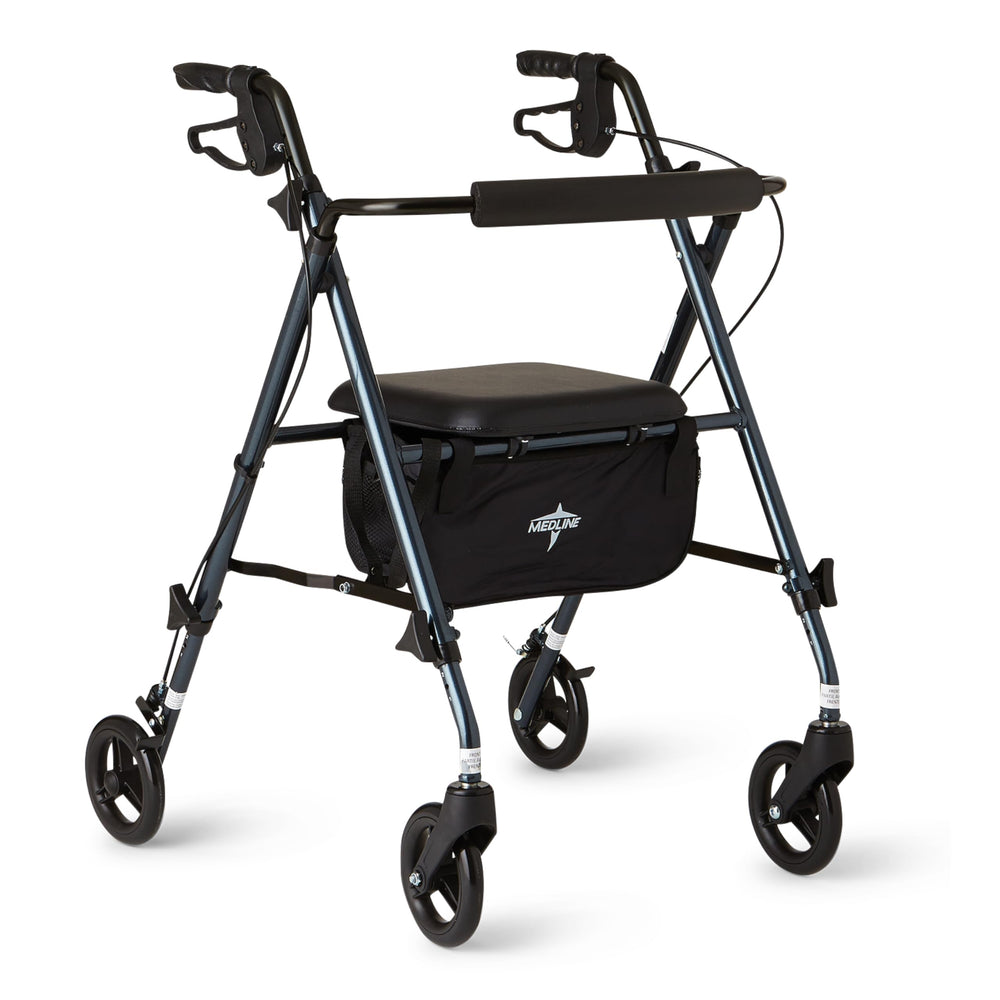 Medline rollator frontal con marco azul y vista completa, estabilidad inmediata