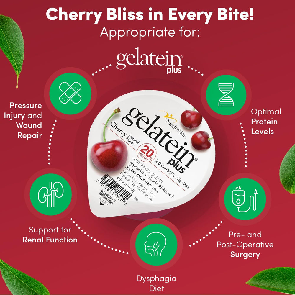 Medtrition Gelatein Plus Cherry comparativa de tamaño para dosificación precisa