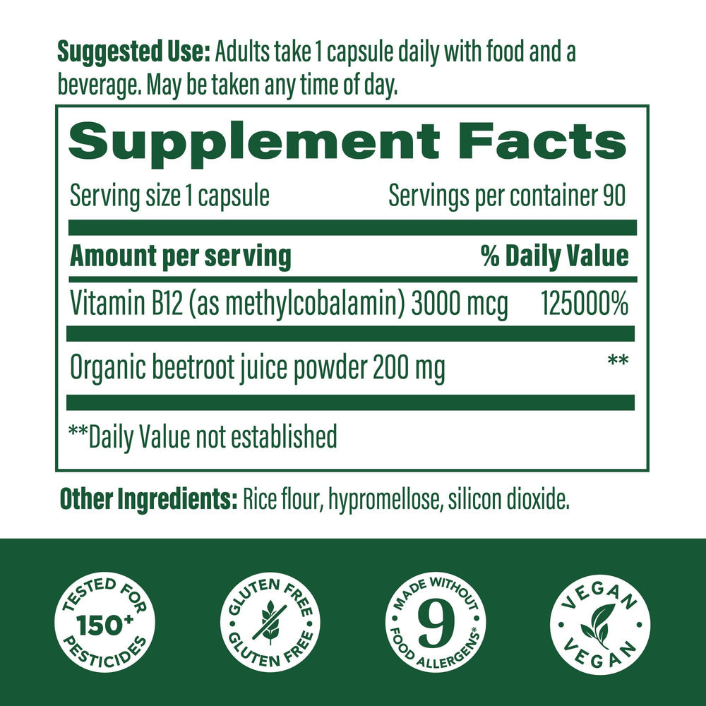 MegaFood B12 en frasco de 90 cápsulas para uso diario.